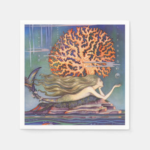 Vintage Fairy Tale, Little Mermaid in Ocean Coral Napkin