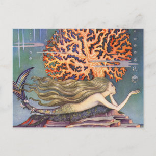 Vintage Fairy Tale, Little Mermaid in Ocean Coral Postcard