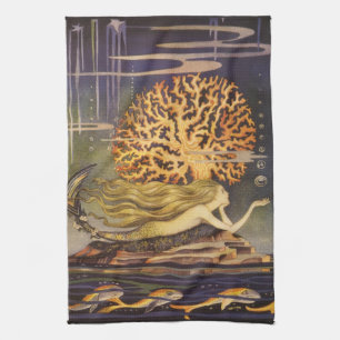 Vintage Fairy Tale, Little Mermaid in Ocean Coral Tea Towel