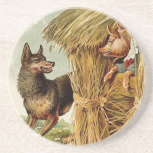 Vintage Fairy Tale, Three Little Pigs and Wolf Coaster