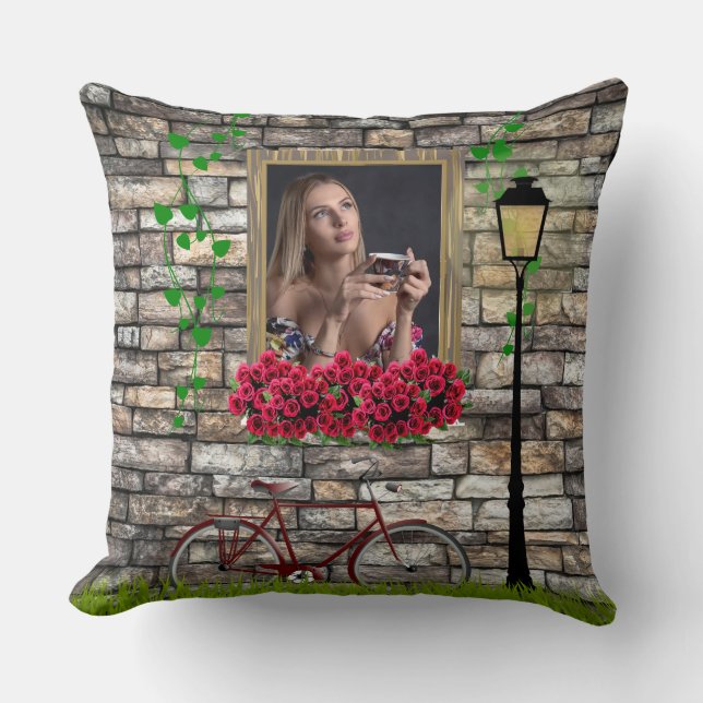 Vintage Fairytale Bicycle Roses Girly Photo Frame Cushion (Front)