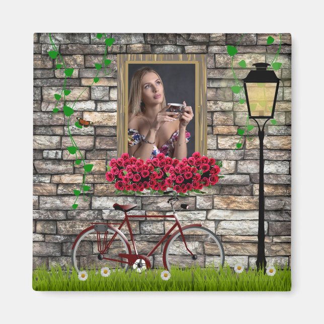 Vintage Fairytale Bicycle Roses Girly Photo Frame Magnet (Front)