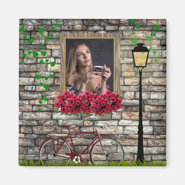 Vintage Fairytale Bicycle Roses Girly Photo Frame Magnet (Front)