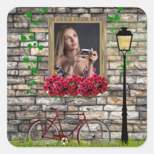 Vintage Fairytale Bicycle Roses Girly Photo Frame Square Sticker