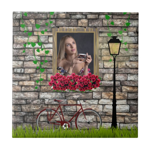 Vintage Fairytale Bicycle Roses Girly Photo Frame Tile (Front)