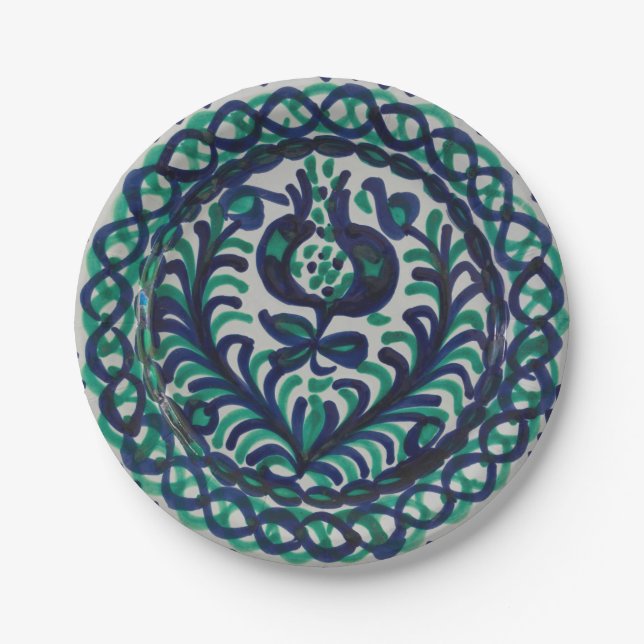 Vintage Fajalauza Granada Spanish Pottery Boho Paper Plate (Front)