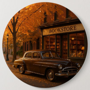 Vintage Fall/Autumn bookstore & car 6 Cm Round Badge