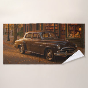 Vintage Fall/Autumn bookstore & car Bath Towel