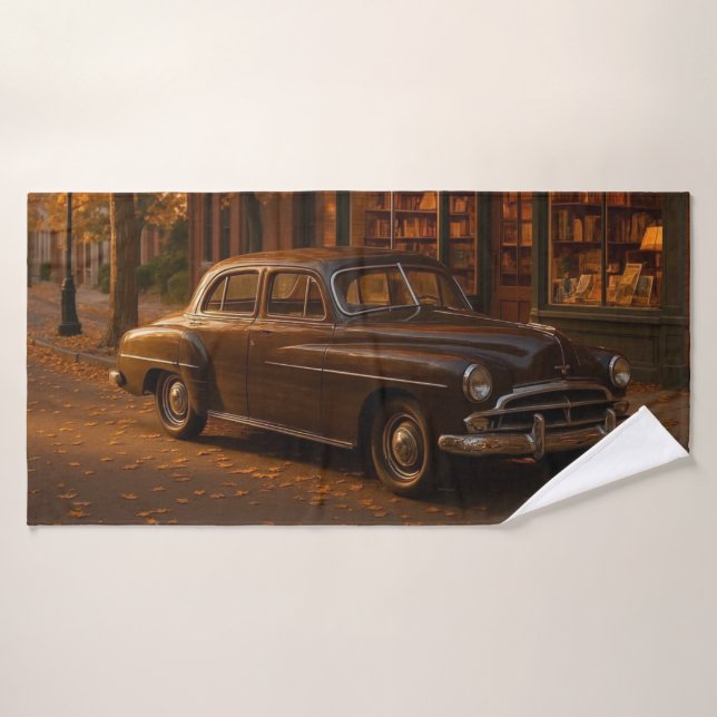 Vintage Fall/Autumn bookstore & car Bath Towel (Bath Towel)