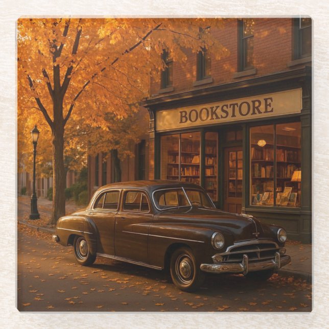 Vintage Fall/Autumn bookstore & car Glass Coaster (Front)