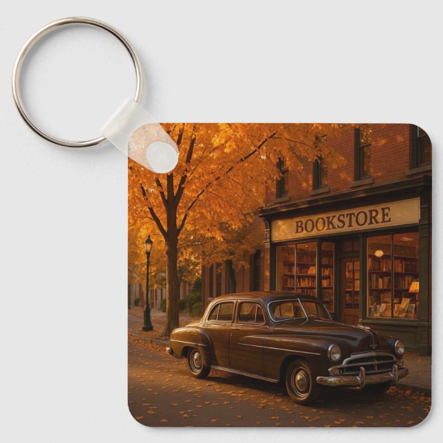 Vintage Fall/Autumn bookstore & car Key Ring (Front)