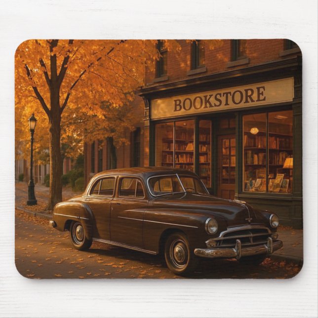 Vintage Fall/Autumn bookstore & car Mouse Mat (Front)