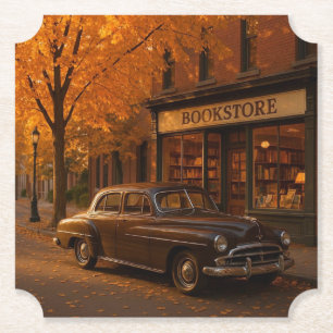 Vintage Fall/Autumn bookstore & car Paper Coaster