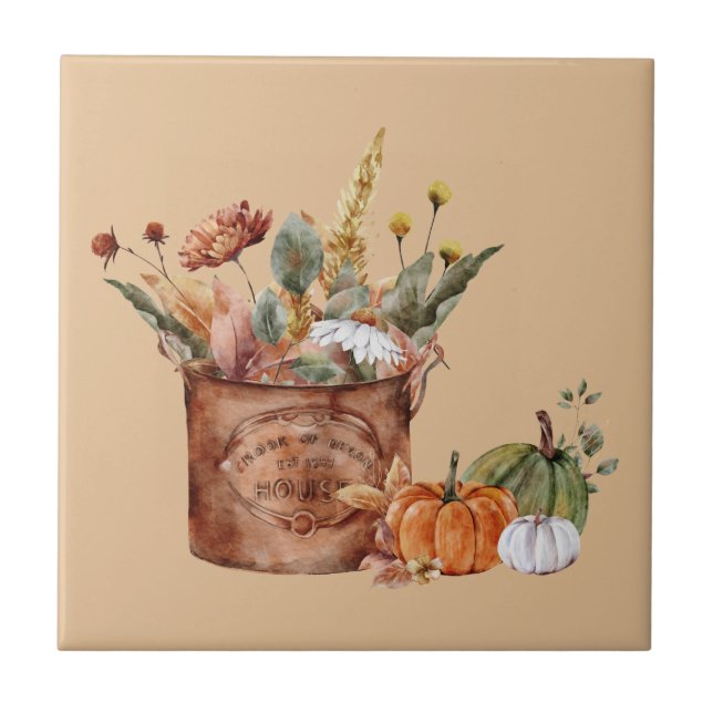 Vintage Fall Autumn Floral Arrangement & Pumpkins Tile (Front)