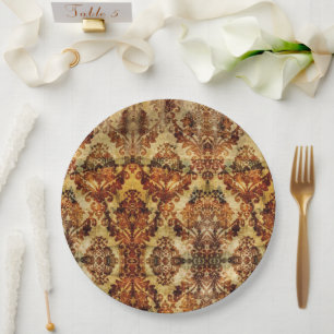 Vintage Fall Autumn Wedding Brown Damask  Paper Plate