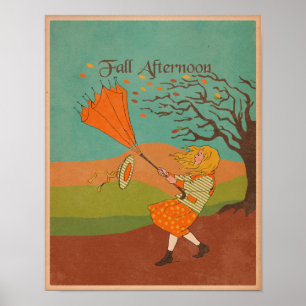 Vintage Fall Autumn Wind Girl with Umbrella Poster