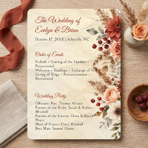 Vintage Fall Burgundy Peach Floral Wedding Programme