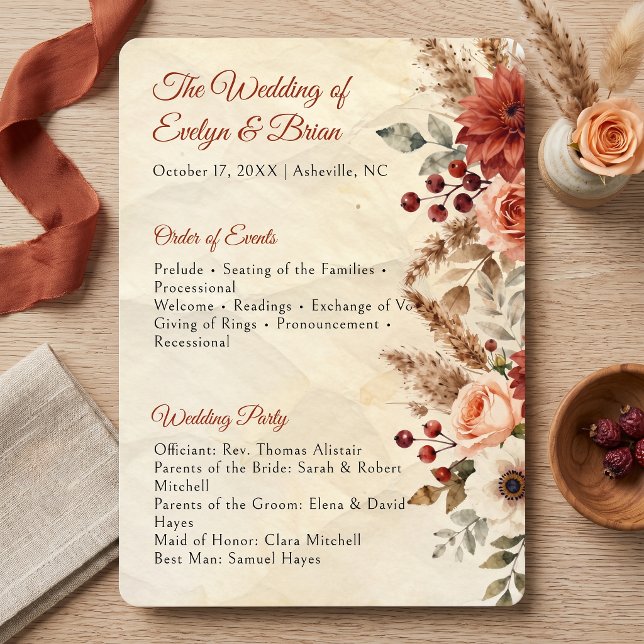 Vintage Fall Burgundy Peach Floral Wedding Programme (Creator Uploaded)