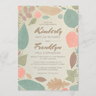 Vintage Fall Colourful Leaves Gold Dots Wedding Invitation