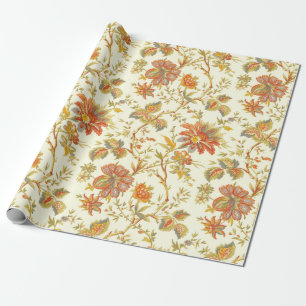 Vintage Fall Floral Leaves Orange Wrapping Paper