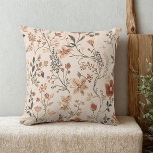 Vintage Fall Floral Pattern on Cream Rustic Autumn Cushion