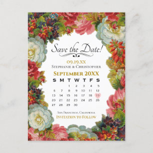 Vintage Fall Floral Wedding Save the Date Calendar Postcard