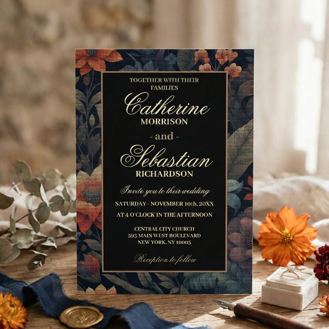 Vintage Fall Flowers on Linen Texture Wedding Invitation (Creator Uploaded)