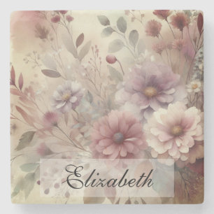 Vintage Fall flowers pastels watercolor painting Stone Coaster