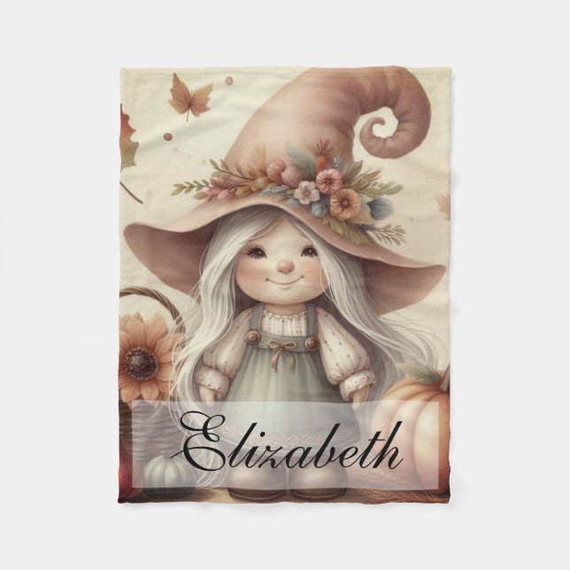 Vintage Fall Gnomes with Autumn leaves  Fleece Blanket (Front)