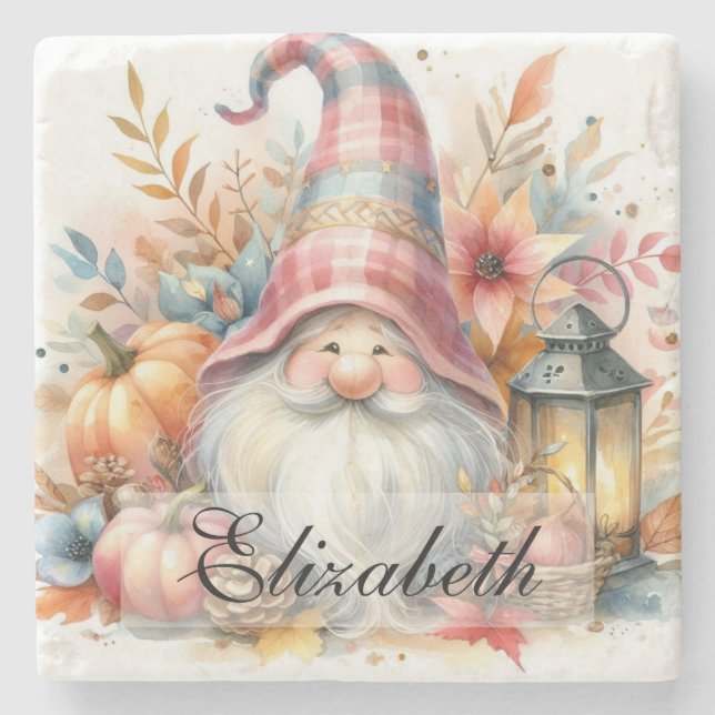Vintage Fall Gnomes with Autumn leaves  Stone Coaster (Front)