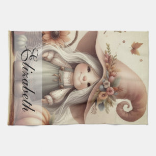 Vintage Fall Gnomes with Autumn leaves Tea Towel