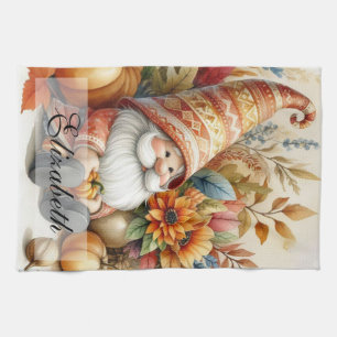 Vintage Fall Gnomes with Autumn leaves Tea Towel