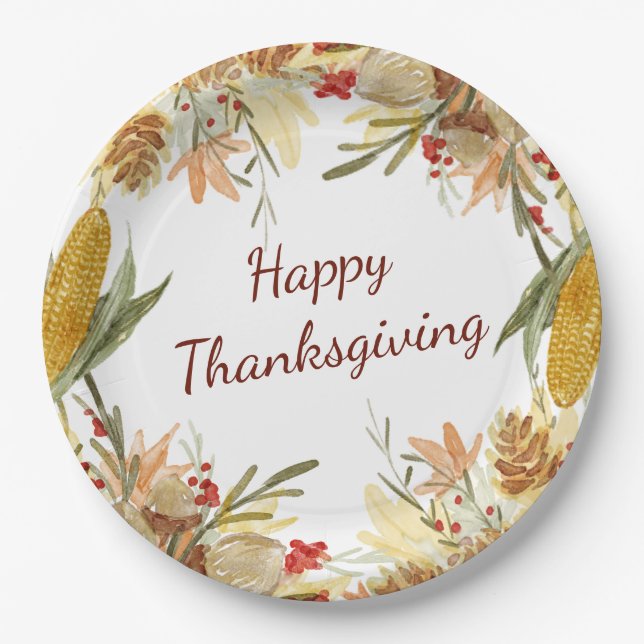 Vintage Fall Modern Farmhouse Happy Thanksgiving Paper Plate (Front)