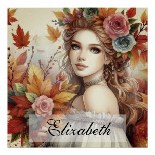 Vintage Fall Princess with Autumn leaves  Poster