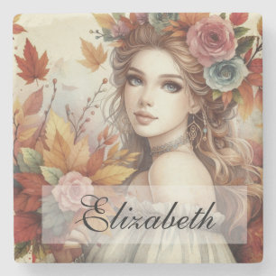 Vintage Fall Princess with Autumn leaves Stone Coaster