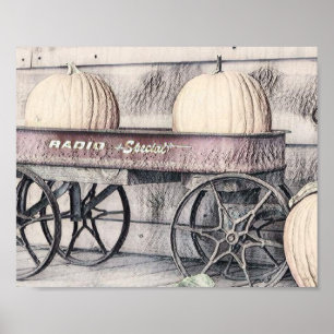 Vintage Fall pumpkins cart fall colours drawing Poster