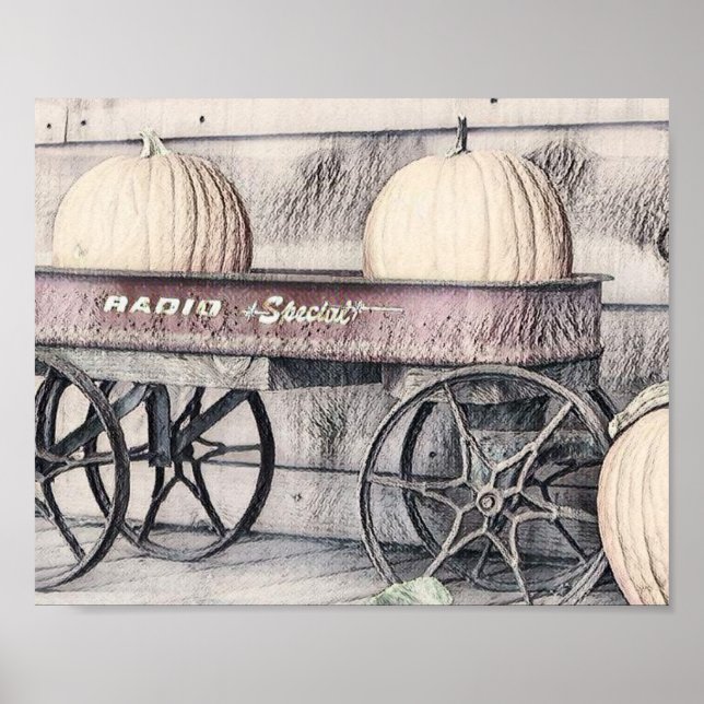 Vintage Fall pumpkins cart fall colours drawing  Poster (Front)