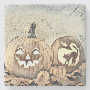 Vintage Fall pumpkins fall colours drawing Stone Coaster