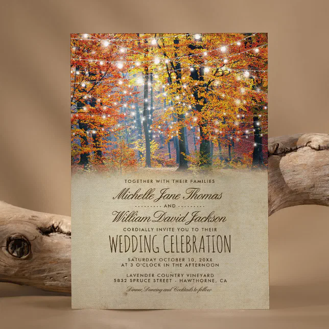 Vintage Fall Rustic Autumn String Lights Wedding Invitation | Zazzle