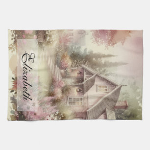 Vintage Fall Scenery cottage garden leaves floral Tea Towel