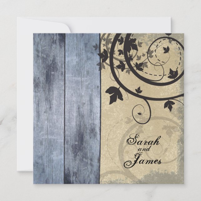 Vintage Fall Wedding Invitation Blue Barn Board (Front)