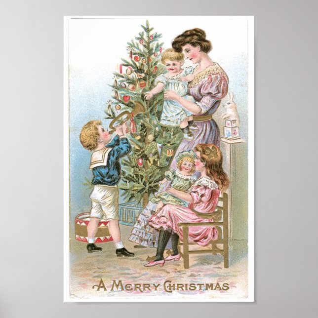Vintage Family around Christmas Tree Poster (Front)