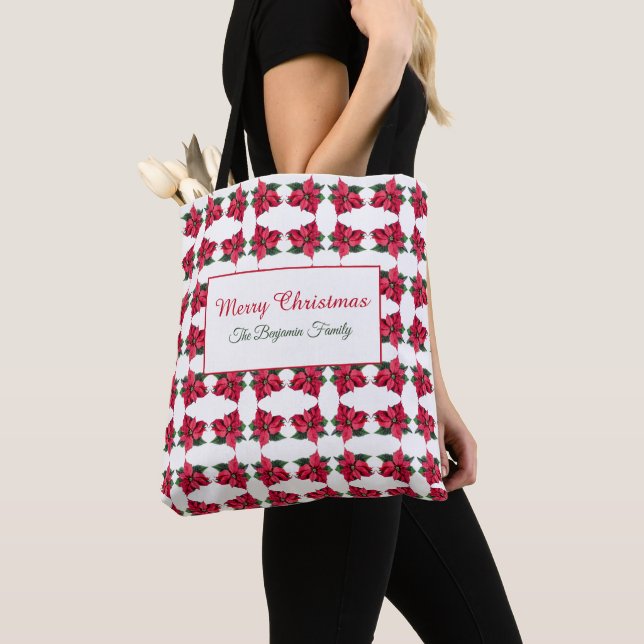 Vintage Family Christmas Red Poinsettia Pattern  Tote Bag (Close Up)