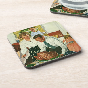 Vintage Family Cooking Thanksgiving Dinner Kitchen Coaster