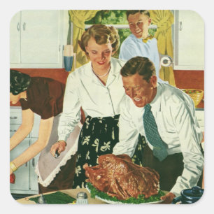 Vintage Family Cooking Thanksgiving Dinner Kitchen Square Sticker