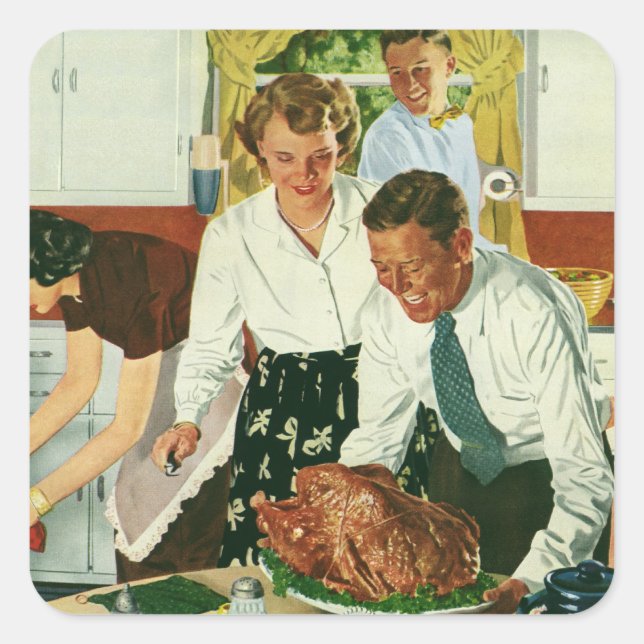 Vintage Family Cooking Thanksgiving Dinner Kitchen Square Sticker (Front)