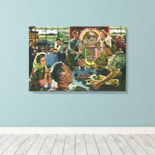 Vintage Family Dinner at a Diner with a Jukebox Canvas Print