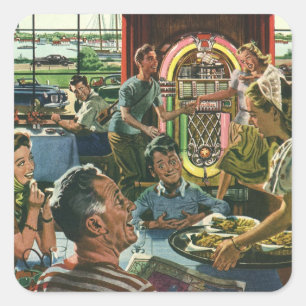 Vintage Family Dinner at a Diner with a Jukebox Square Sticker