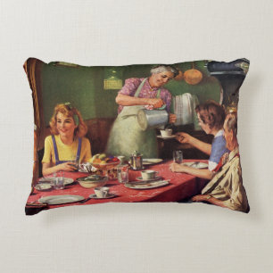 Vintage Family Eating Breakfast in the Kitchen Decorative Cushion