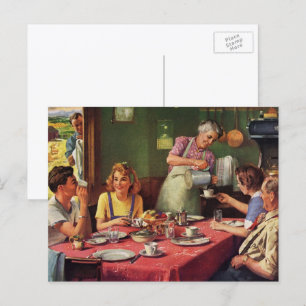 Vintage Family Eating Breakfast in the Kitchen Postcard